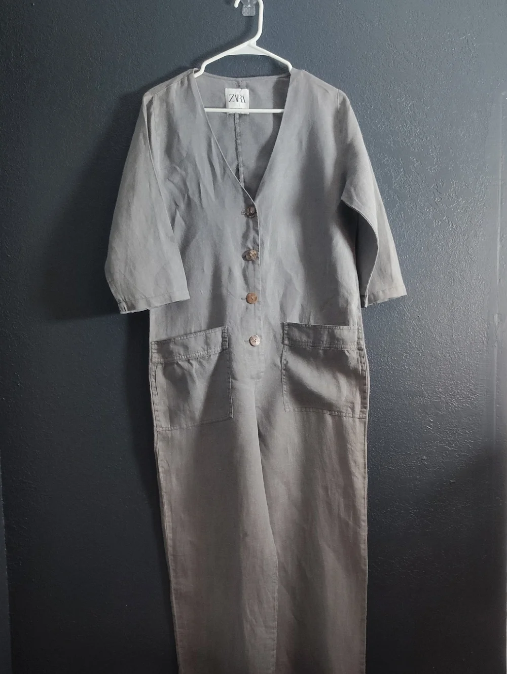 ZARA Lillian Light Gray Chic Effortless Button-Front Minimalist Utility Jumpsuit